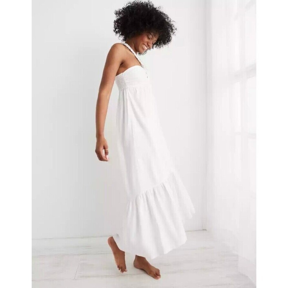Aerie Sz XL Braided Halter Maxi Sundress White Smocked High Low Linen Blend NWT - Picture 2 of 16